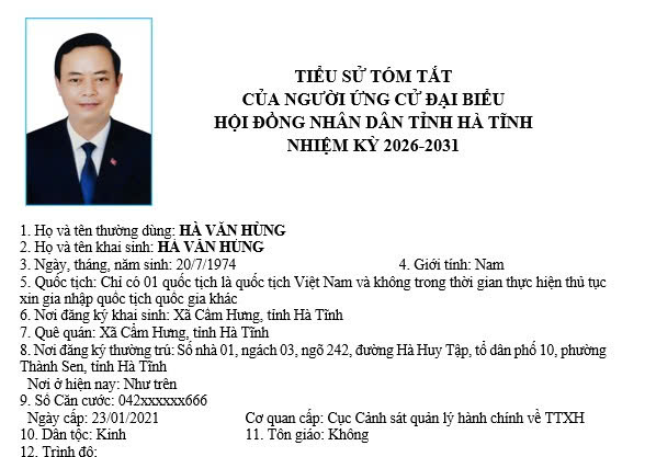 Danh sách những người Ứng cử Đại biểu HĐND tỉnh Hà Tĩnh bầu trên địa bàn phường Bắc Hồng Lĩnh, nhiệm kỳ 2026-2031!