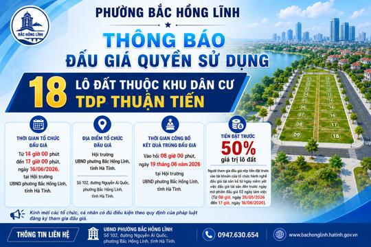Thông báo đấu giá Quyền sử dụng đất 18 lô đất ở KDC Thuận Tiến,  phường Bắc Hồng Lĩnh